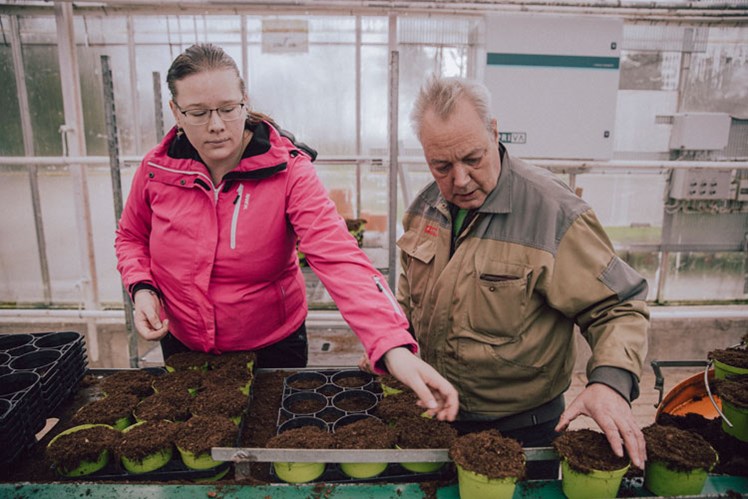 Hurtige grønne fingre: I gartneriet inddrages medarbejderne i alle led af planteproduktionen fra såning til salg. Ved pottemaskinen fanger Dianna og Vagn de muldfyldte plantepotter, når de kører ud på rullebåndet, og putter dem i kasser. – Det kræver virkelig, at man følger med, siger Dianna, som ikke er i tvivl om, hvorfor hun godt kan lide jobbet: – Det bedste ved mit arbejde er, at det er hyggeligt, det er afslappende, og det er beroligende. Og så er der altid nye opgaver.