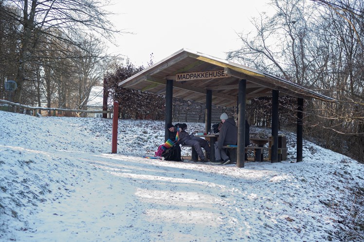 De borgere, som hører til i Udegruppen, tager på tur i al slags vejr. I dag er teamet rullet til Arresø for at nyde frokosten under åben himmel. – Mange af borgerne er lidt usikre og bange for at gå i sneen, så vi leder altid efter steder med gode stier. Der skal også helst være adgang til toilet, hvilket kan være en udfordring her under corona, hvor mange offentlige toiletter er lukket ned, fortæller socialpædagog Dennis Mandal.